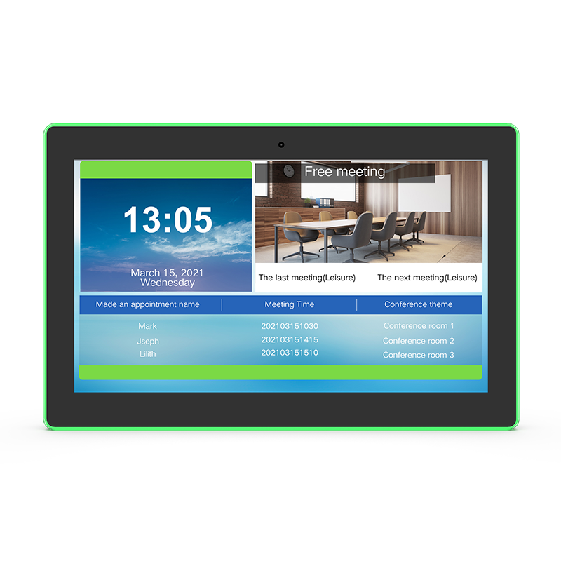 Meeting room panel with green LED bezel showing clock and booking schedule
