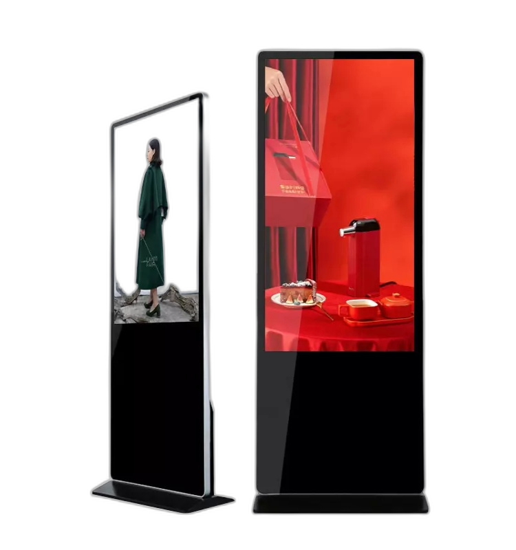 Floor standing Android touch kiosk front and rear view with sample beverage content