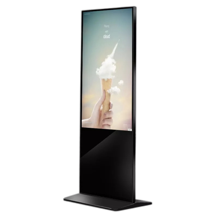 Front view of portrait kiosk with full-screen digital signage content