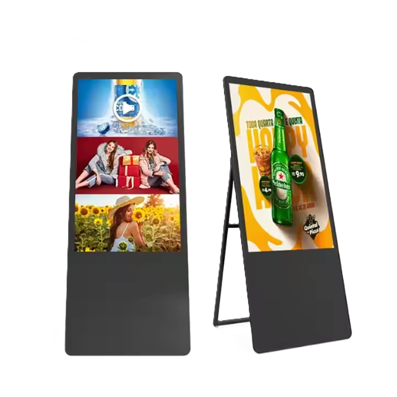 Black A-frame portable signage kiosk shown front and side with sample retail content