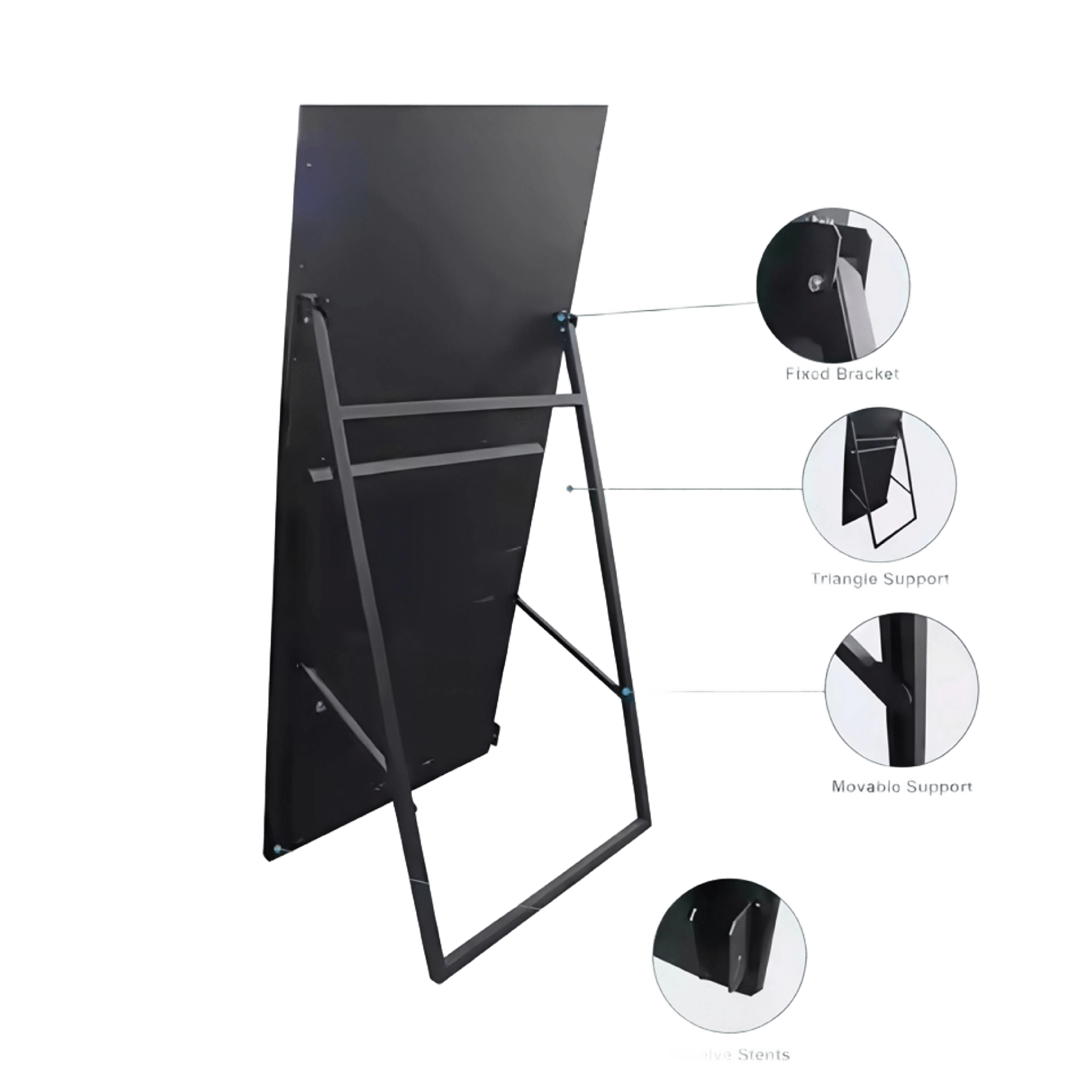 A-frame stand structure callouts: fixed bracket, triangle support, movable support and wheels