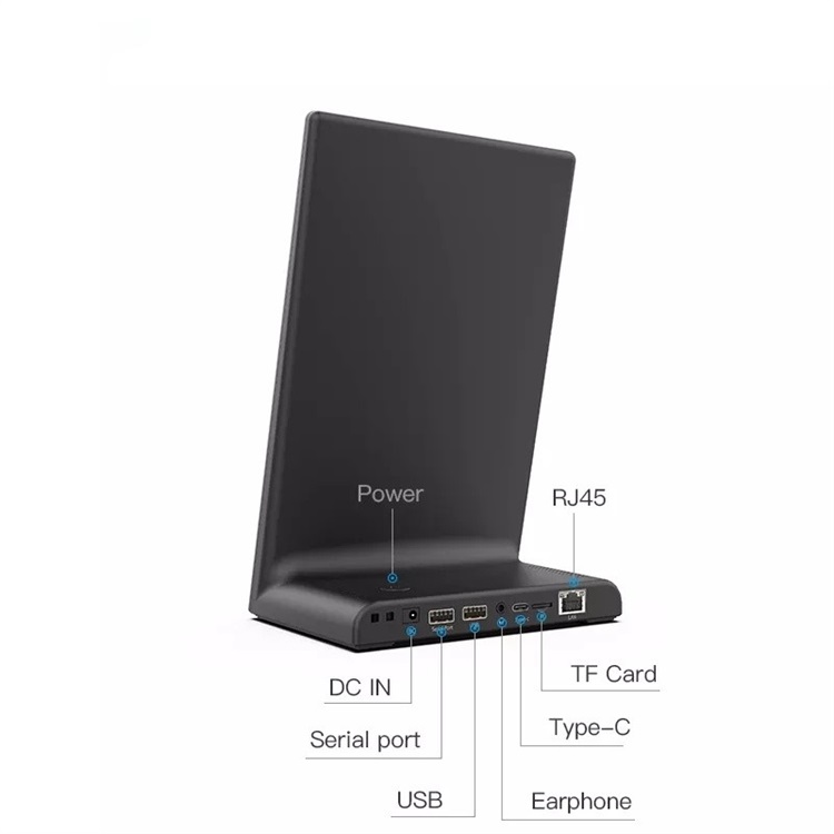 Portrait L-type base ports labeled: DC in, serial port, USB, earphone, Type-C, TF card, RJ45