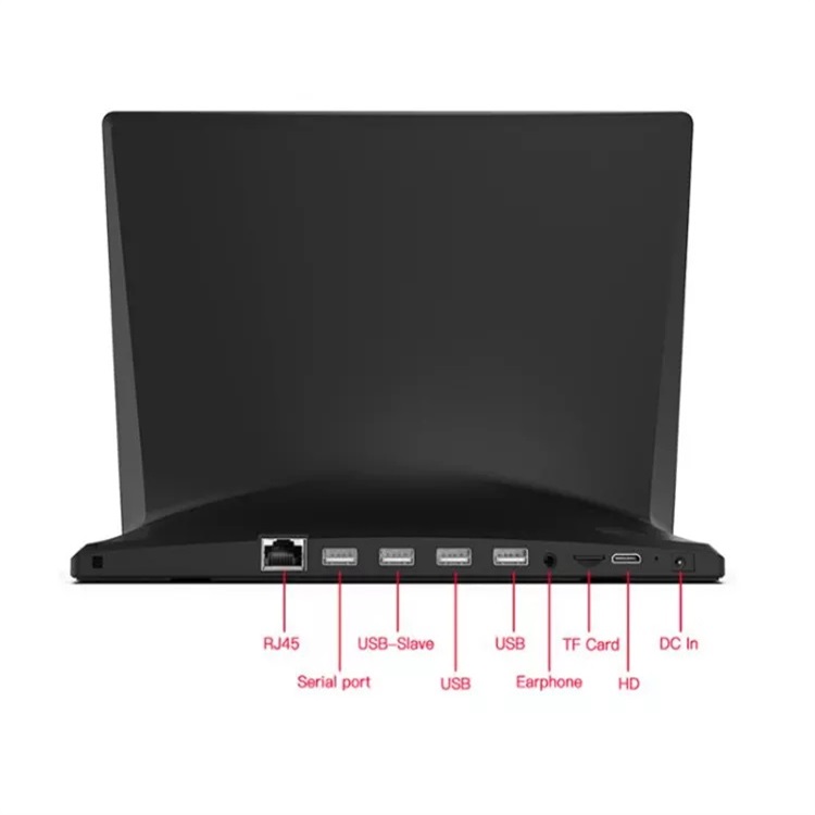 Landscape L-type rear ports labeled: RJ45, serial port, USB, earphone, TF card, HD out, DC in