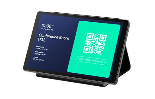 Room panel showing conference schedule beside a QR code for scan-to-sign-in