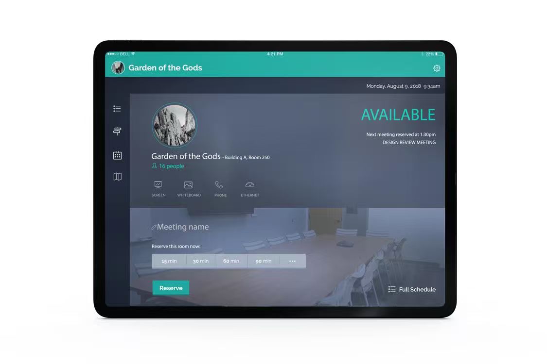Room booking interface showing available status with one-tap reserve buttons