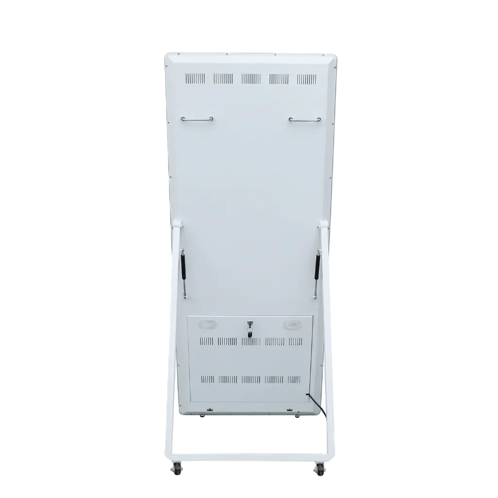 A-frame kiosk rear with lockable service door and wheels