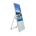 White portable A-frame kiosk with foldable stand